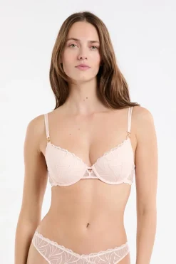 ETAM Sujetadores Talla Grande: Copas D-G|Balconette|Sujetador N.4 - Copas finas con bordado floral ROSA EMPOLVADO
