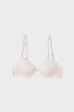 ETAM Sujetadores Talla Grande: Copas D-G|Balconette|Sujetador N.4 - Copas finas con bordado floral ROSA EMPOLVADO