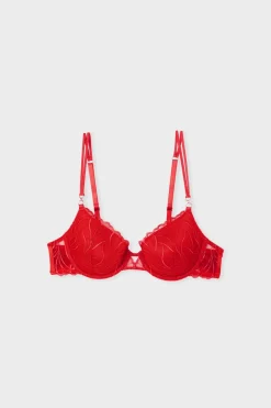 ETAM Sujetadores Talla Grande: Copas D-G|Balconette|Sujetador N.4 - Copas finas con bordado floral ROJO