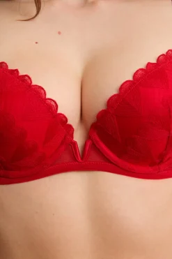 ETAM Sujetadores Sexy|Push Up|Sujetador N.2 - Push-up escote pronunciado con bordado de corazones ROJO