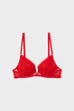 ETAM Sujetadores Sexy|Push Up|Sujetador N.2 - Push-up escote pronunciado con bordado de corazones ROJO