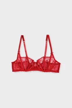 ETAM Sujetadores De Encaje|Sujetadores Talla Grande: Copas D-G|Sujetador sin relleno de tul y satén ROJO