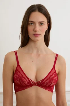 ETAM Sujetadores De Encaje|Sujetadores Sexy|Sujetador triangular de encaje con tirantes dobles ROJO