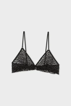 ETAM Sujetadores Sexy|Triángulo|Sujetador triangular de tul con estampado de leopardo NEGRO
