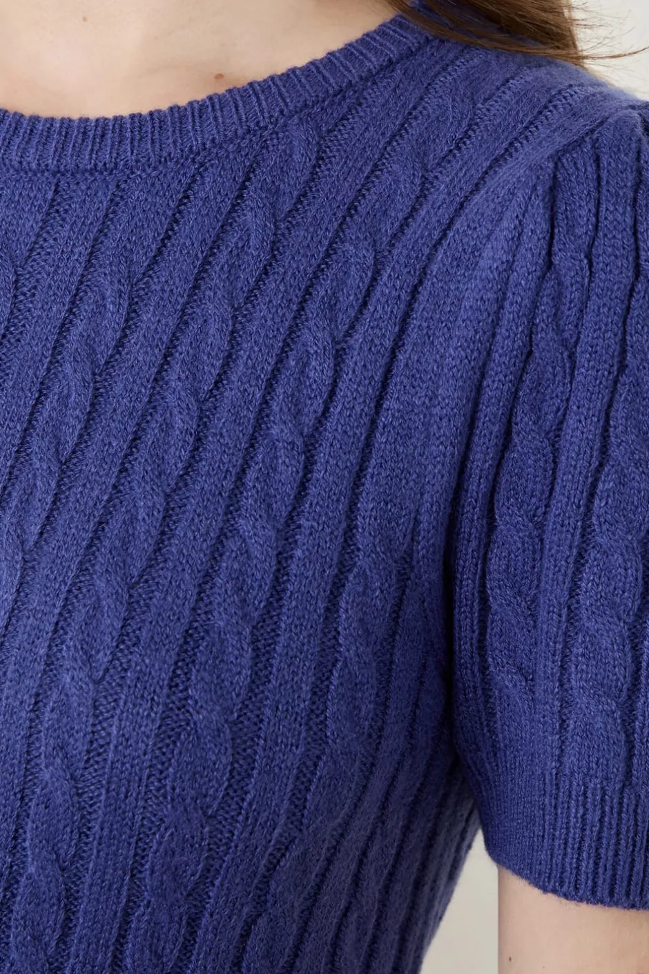 ETAM Fantasía|Cuello Redondo|Suéter de manga corta con diseño trenzado AZUL ROYAL