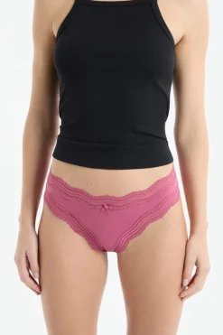 ETAM Tanga Brasileño|Braguitas Party|Tanga con bordes de encaje de microfibra ROSA CARAMELO