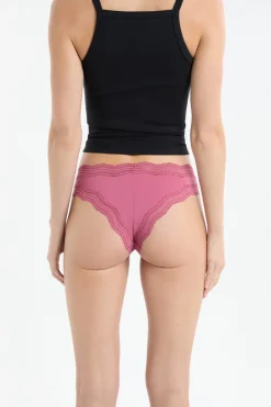 ETAM Tanga Brasileño|Braguitas Party|Tanga con bordes de encaje de microfibra ROSA CARAMELO
