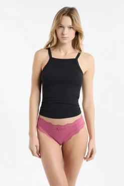 ETAM Tanga Brasileño|Braguitas Party|Tanga con bordes de encaje de microfibra ROSA CARAMELO