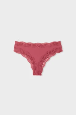ETAM Tanga Brasileño|Braguitas Party|Tanga con bordes de encaje de microfibra ROSA CARAMELO