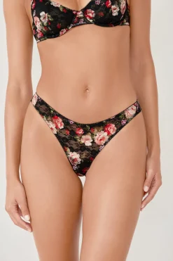ETAM Tanga Brasileño|Braguitas Encaje|Tanga de encaje con estampado floral NEGRO