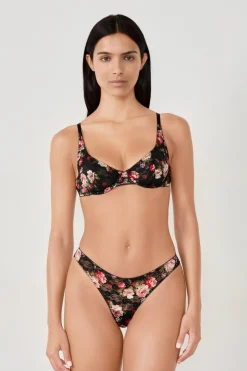 ETAM Tanga Brasileño|Braguitas Encaje|Tanga de encaje con estampado floral NEGRO