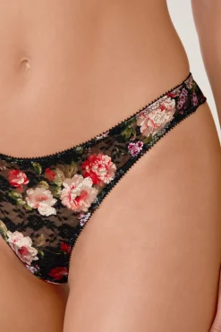 ETAM Tanga Brasileño|Braguitas Encaje|Tanga de encaje con estampado floral NEGRO