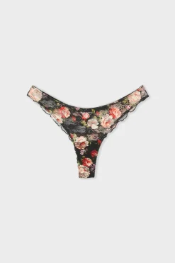 ETAM Tanga Brasileño|Braguitas Encaje|Tanga de encaje con estampado floral NEGRO