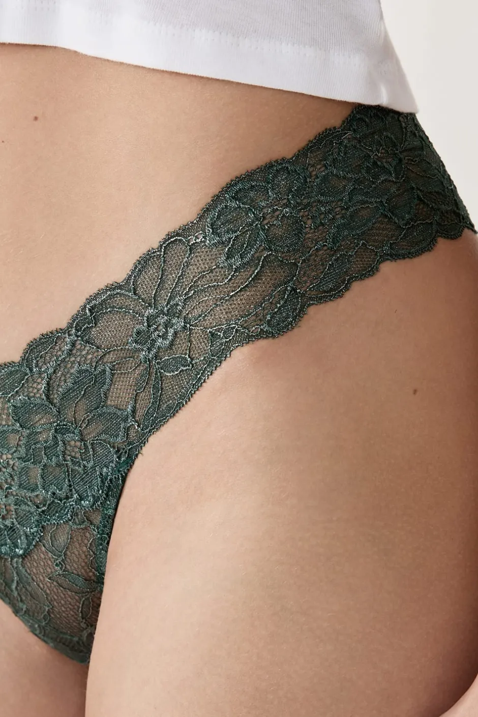ETAM Braguitas Encaje|Tanga Brasileño|Tanga de encaje tejido brillante VERDE ABETO