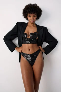 ETAM Braguitas Sexy|Tanga Brasileño|Tanga de lentejuelas NEGRO