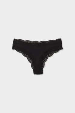 ETAM Tanga Brasileño|Braguitas Party|Tanga de microfibra con borde de encaje NEGRO