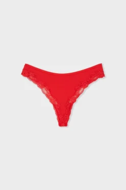 ETAM Tanga Brasileño|Tanga de microfibra con detalles de encaje ROJO