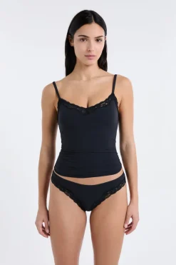 ETAM Tanga Brasileño|Tanga de microfibra y encaje NEGRO