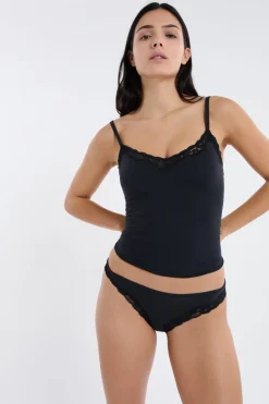 ETAM Tanga Brasileño|Tanga de microfibra y encaje NEGRO