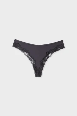 ETAM Tanga Brasileño|Tanga de microfibra y encaje NEGRO