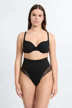 ETAM Braguitas Moldeadoras|Talle Alto|Tanga de talle alto moldeador con detalles de encaje - Sujeción media NEGRO