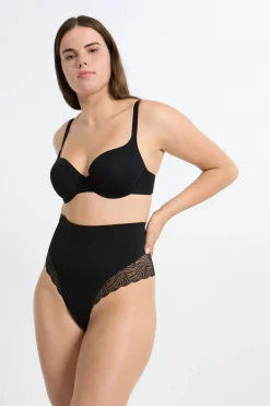 ETAM Braguitas Moldeadoras|Talle Alto|Tanga de talle alto moldeador con detalles de encaje - Sujeción media NEGRO