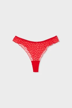 ETAM Tanga Brasileño|Braguitas Party|Tanga de tul flocado con motivos de corazones IMP FONDO ROSA