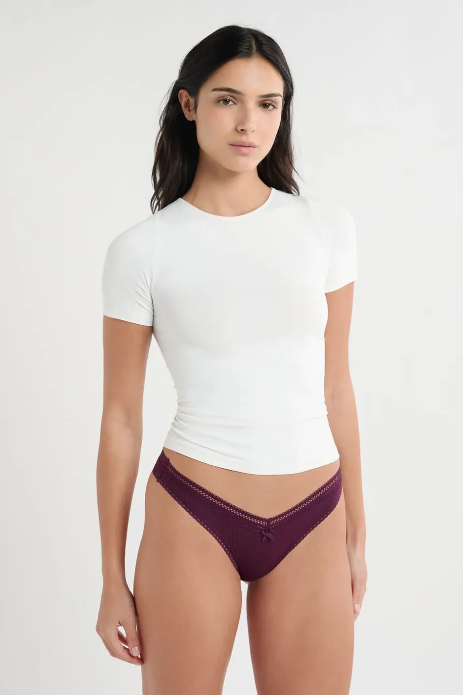 ETAM Tanga Brasileño|Braguitas Party|Tanga en forma de V de microfibra con detalles de encaje ROSA CARAMELO