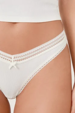 ETAM Tanga Brasileño|Braguitas Party|Tanga en V de microfibra y encaje BLANCO