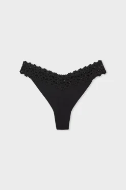 ETAM Tanga Brasileño|Braguitas Party|Tanga en V de microfibra y encaje NEGRO