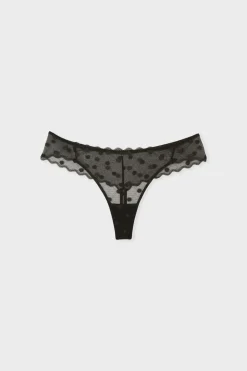 ETAM Tanga Brasileño|Braguitas Encaje|Tanga transparent en tulle à motifs pois NOIR