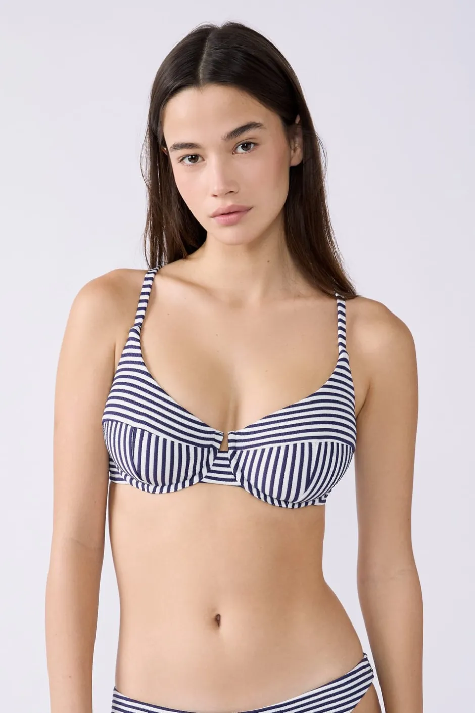 ETAM Con Aro|Sujetadores Talla Grande: Copas D-G|Top bikini balconnet de rayas MARINO