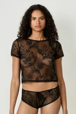 ETAM Pijamas Sexy|Partes De Arriba De Pijama|Top bordado de manga corta NEGRO