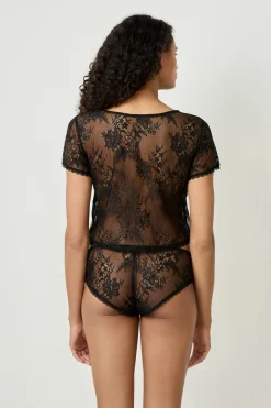 ETAM Pijamas Sexy|Partes De Arriba De Pijama|Top bordado de manga corta NEGRO