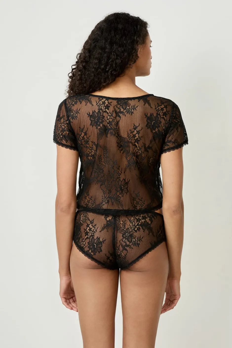 ETAM Pijamas Sexy|Partes De Arriba De Pijama|Top bordado de manga corta NEGRO