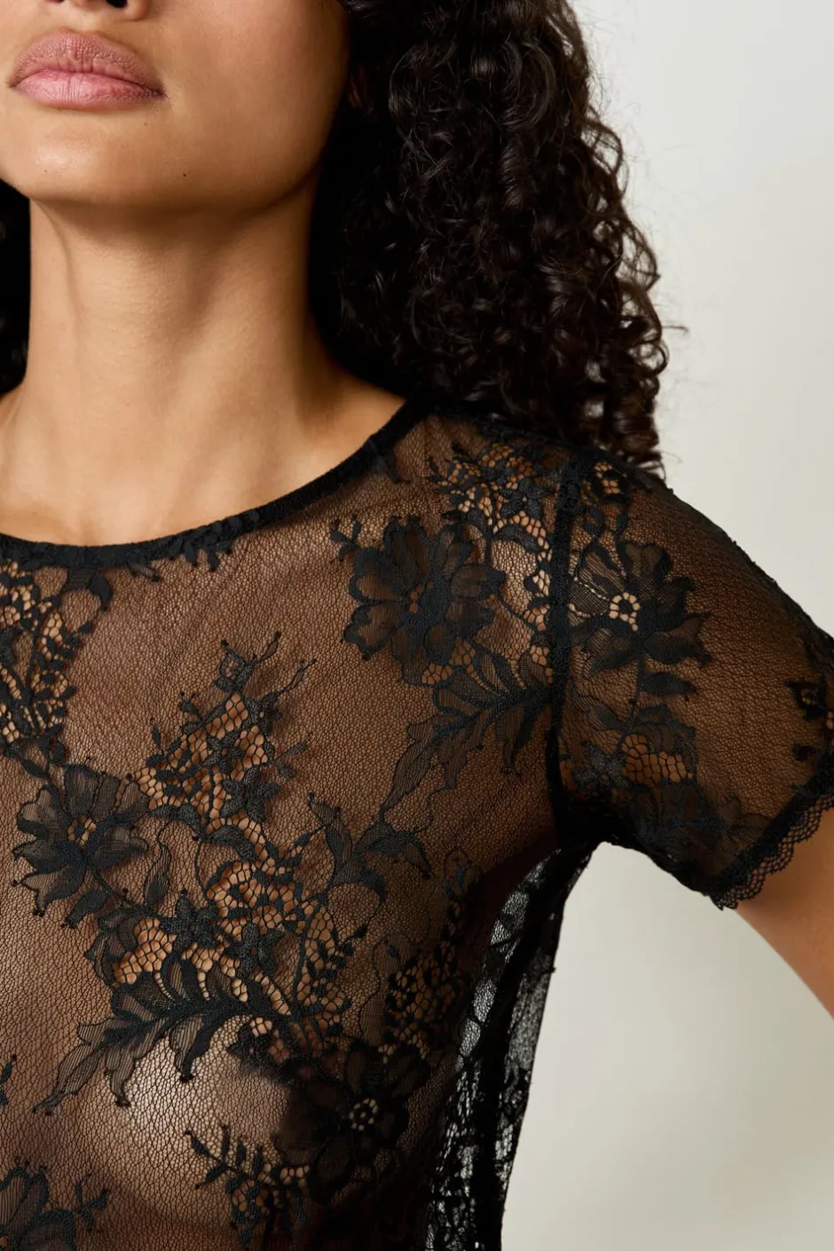 ETAM Pijamas Sexy|Partes De Arriba De Pijama|Top bordado de manga corta NEGRO