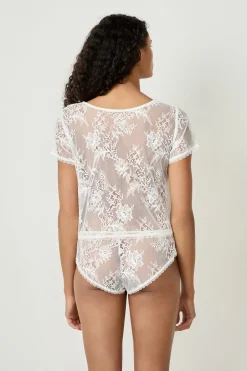 ETAM Pijamas Sexy|Partes De Arriba De Pijama|Top bordado de manga corta BLANCO