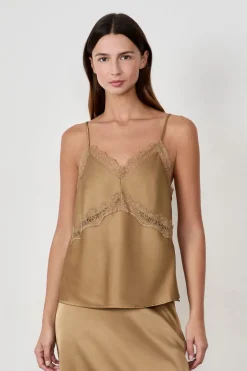 ETAM Cuello En V|Tops Sin Mangas|Top con cuello de encaje CAQUI