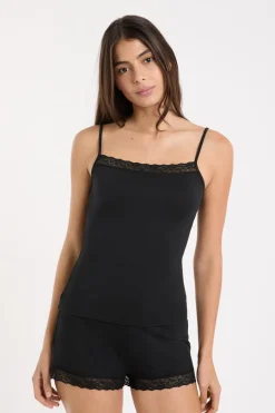 ETAM Los Pijamas Más Responsables|Pijamas Esenciales|Top con detalles de encaje NEGRO