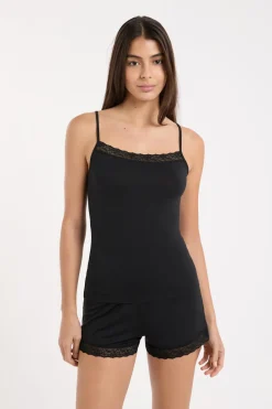 ETAM Los Pijamas Más Responsables|Pijamas Esenciales|Top con detalles de encaje NEGRO