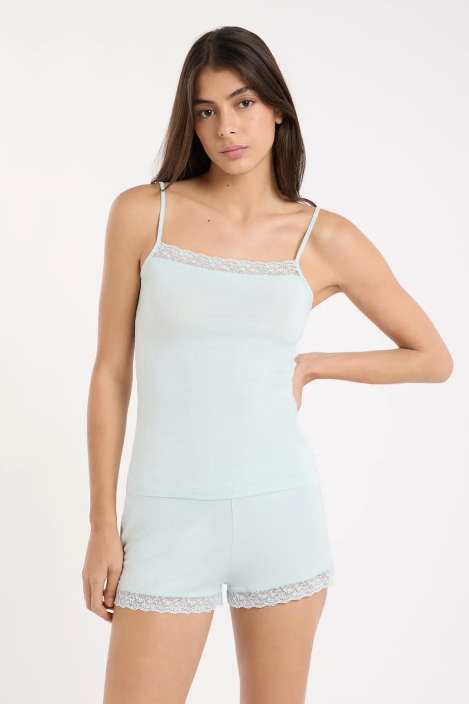 ETAM Pijamas Esenciales|Partes De Arriba De Pijama|Top con detalles de encaje AZUL VERDOSO