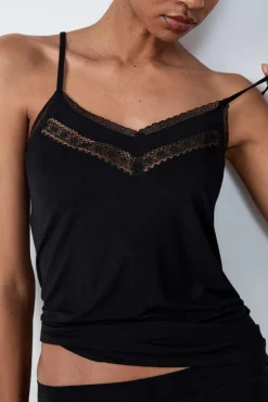 ETAM Los Pijamas Más Responsables|Partes De Arriba De Pijama|Top con tirantes finos y escote de encaje NEGRO