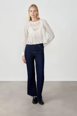 ETAM Cuello Redondo|Manga Larga|Top de encaje ECRU