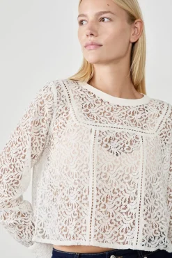 ETAM Cuello Redondo|Manga Larga|Top de encaje ECRU