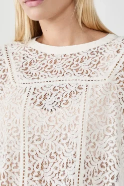 ETAM Cuello Redondo|Manga Larga|Top de encaje ECRU
