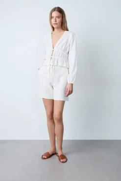 ETAM Cuello En V|Manga Larga|Top de manga larga de algodón con lazos CRUDO