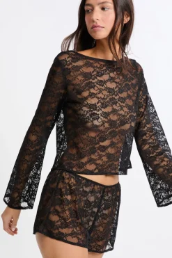 ETAM Pijamas Sexy|Partes De Arriba De Pijama|Top de manga larga de encaje transparente NEGRO