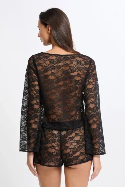 ETAM Pijamas Sexy|Partes De Arriba De Pijama|Top de manga larga de encaje transparente NEGRO