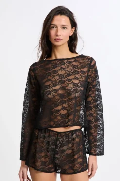 ETAM Pijamas Sexy|Partes De Arriba De Pijama|Top de manga larga de encaje transparente NEGRO