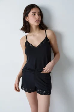 ETAM Partes De Arriba De Pijama|Los Pijamas Más Responsables|Top de modal con escote de encaje NEGRO